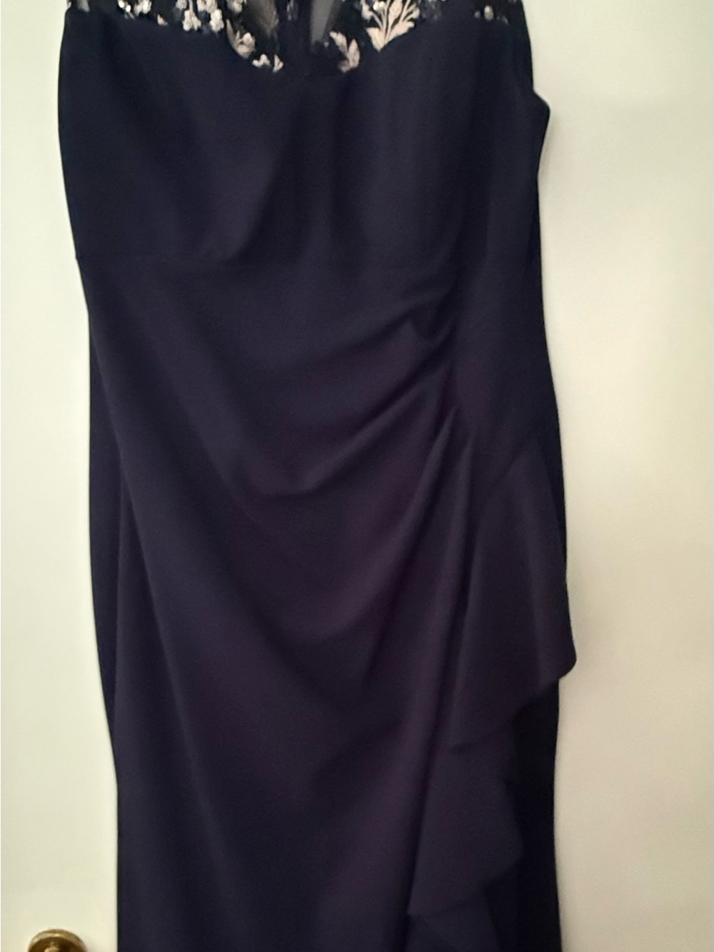 Alex Evenings Black Asymmetrical Evening Gown with Lace Yoke